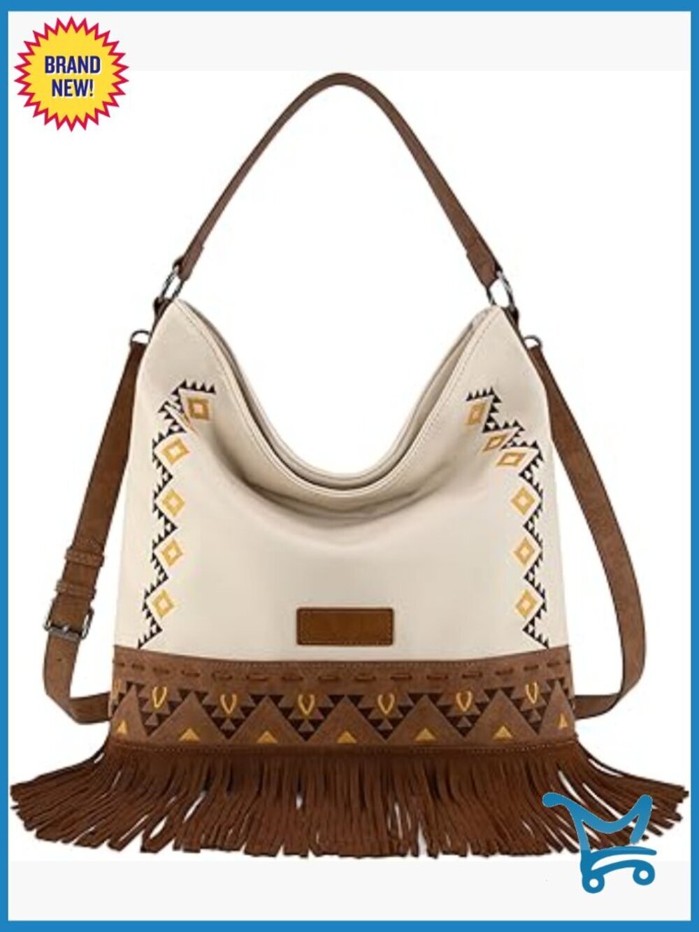 Faux Leather Hobo Bag with Embroidered Aztec Pattern and Fringe